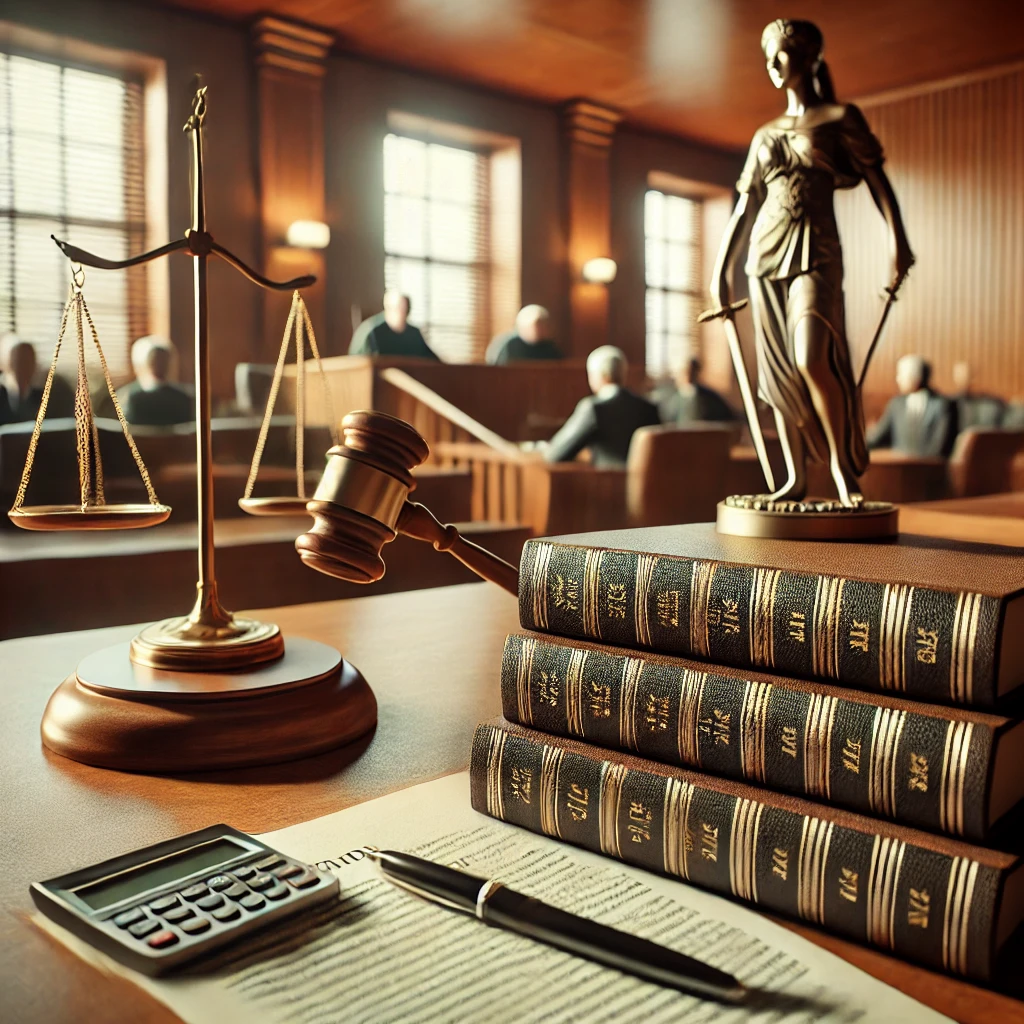 bir kitap yığınının üstünde bir tokmak ve bir kadın heykeli